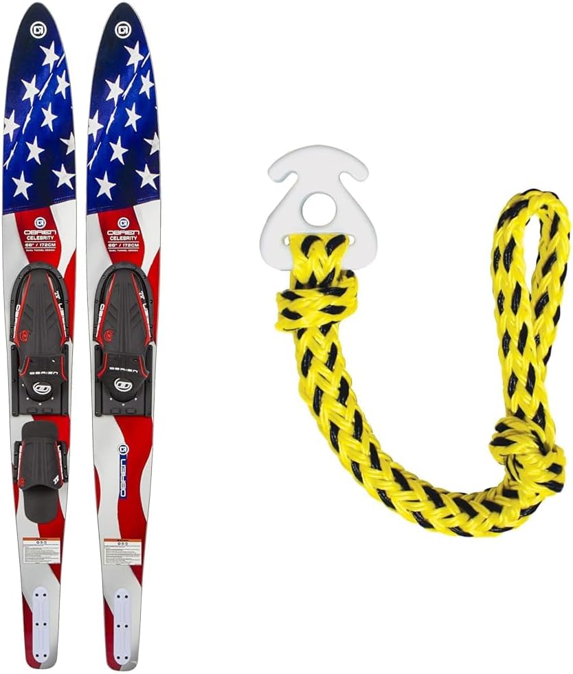 O'Brien Celebrity Combo Water Skis, Flag, 68" and Airhead Kwik-Connect Tubing Connector Tow Rope Bundle