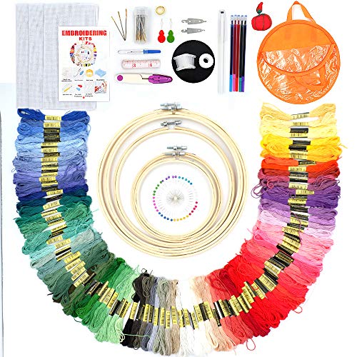 Onmimy Embroidery Kit, 100 Colors Threads 5 Pcs Embroidery Hoops 3 Pcs Aida Cloth 40 Sewing Pins Cross Stitch Tools and Embroidery Starter Kit for Adults and Kids Beginners Including Instructions