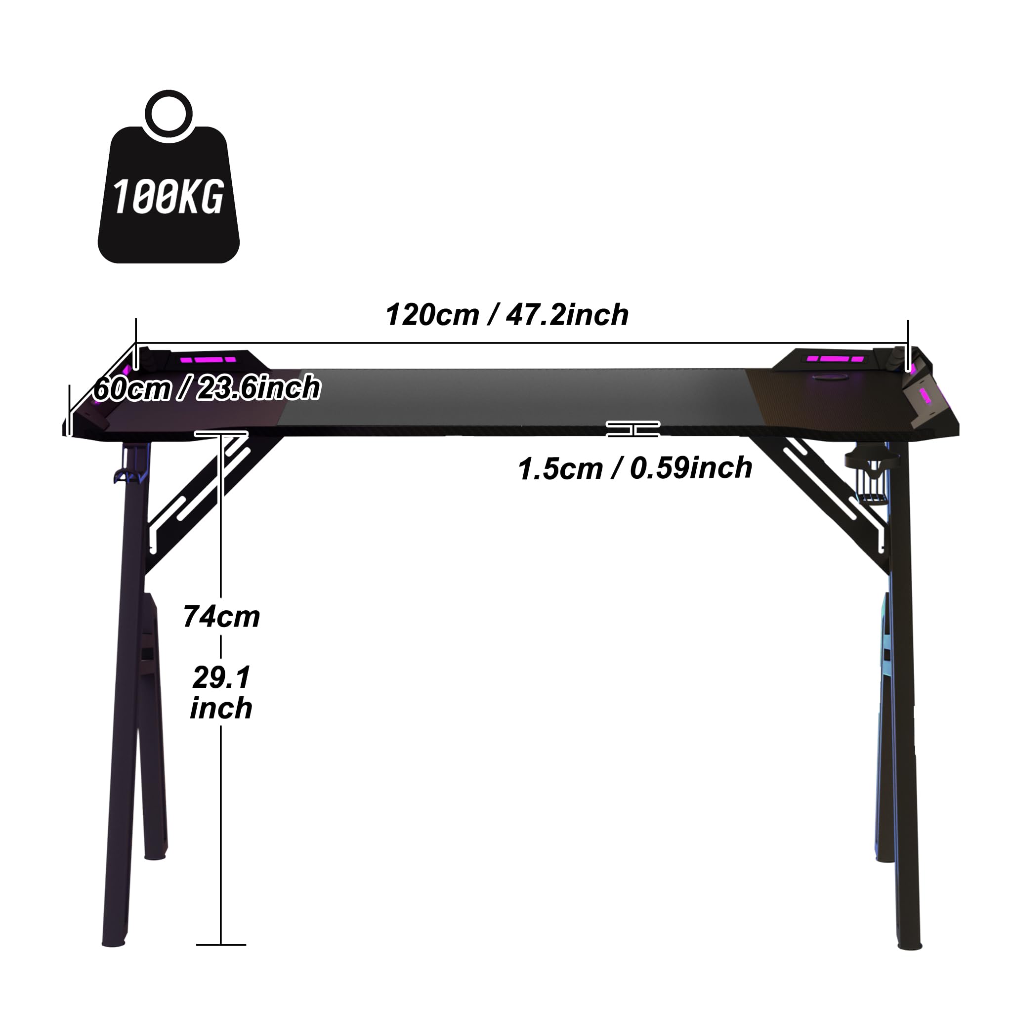 Aufun Scrivania da gioco Bureau Gaming Table Gaming con LED per computer, tavolo da gioco, 120 x 60 cm, stabile scrivania in PC con rivestimento in fibra di carbonio, tavolo da gioco ergonomico