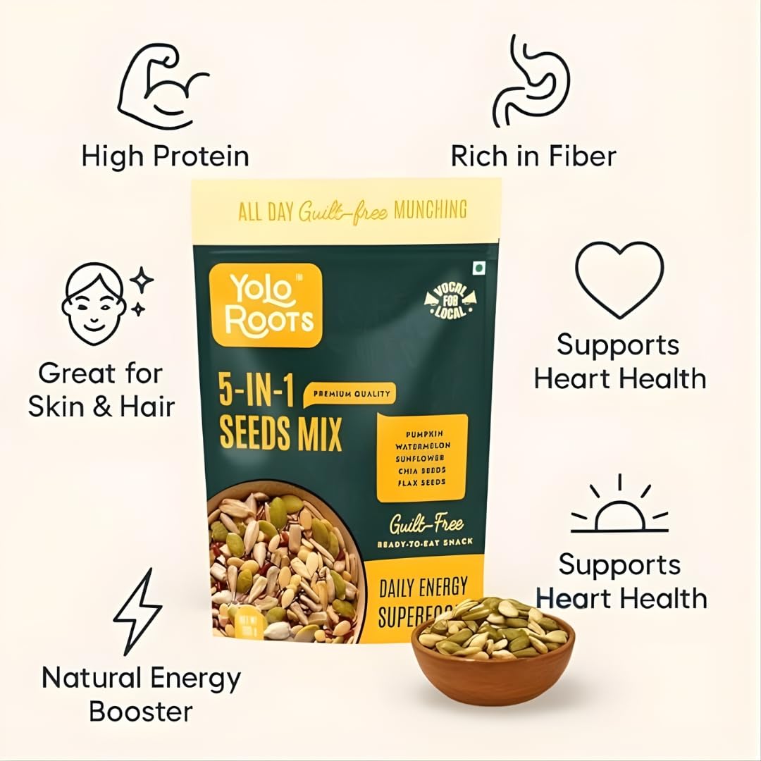 Yolo Roots Fruits & Nuts Muesli 400g & 5-in-1 Seed Mix 200g Combo, No Added Sugar, High Fiber Breakfast Cereal & Superfood Seeds, Healthy Snack with Oats, Almonds & Seeds, Energy Food (Pack of 2) 2