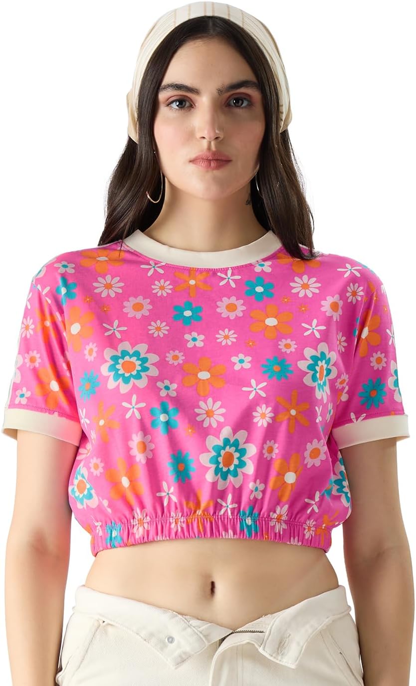 Blossom Womens and Girls Regular Fit Half Sleeve Graphic Printed Cotton Pink Color Crop Top Cartoon 90s Crop Top for Girl Women Round Turtle Halter Neck Printed Shoulder Rib Knit