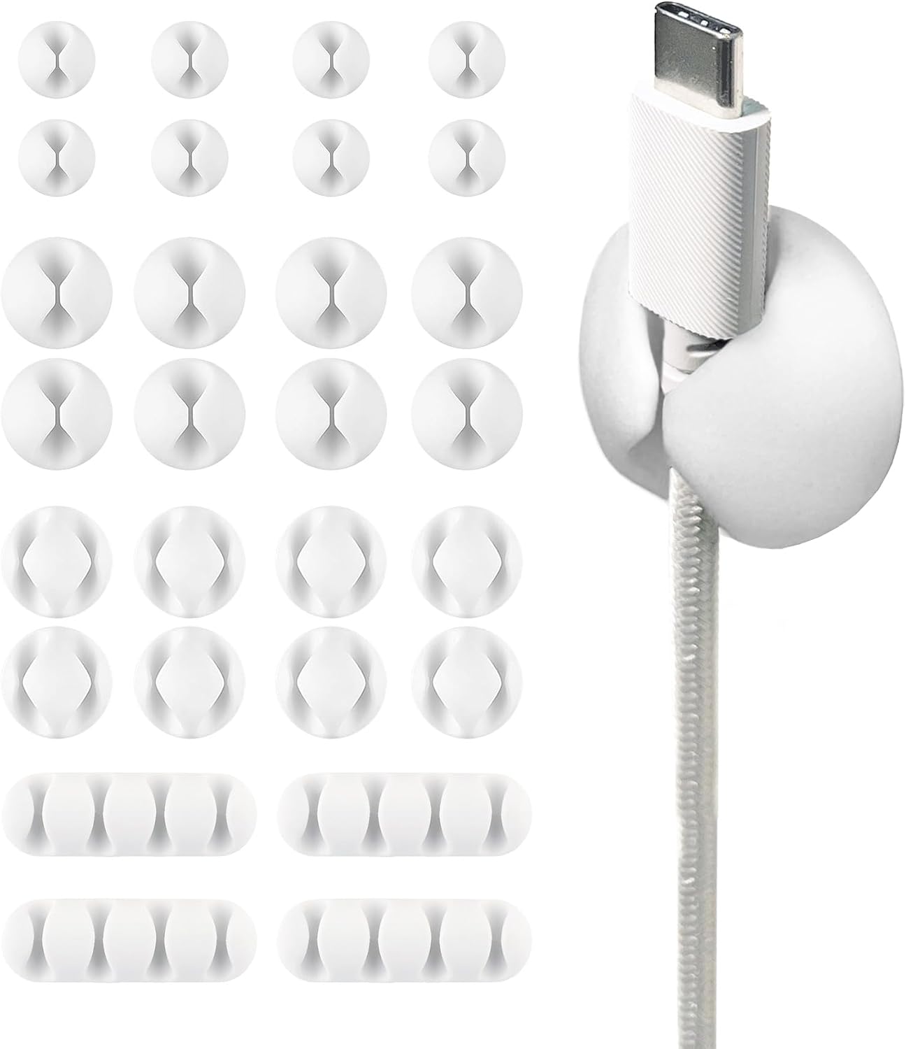 Wrap-It Storage Cable Clips - (Assorted 28-Pack) White - Desk and Nightstand Cable Holder for Phone and Bedside Table Cord Organizer