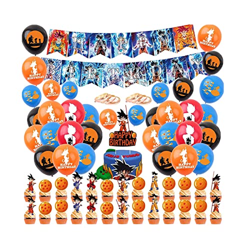 Décorations de Fête D'anniversaire Dragon Ball Ballons Anniversaire Bannière de Joyeux Anime Gâteau Topper pour Enfants Dragon Ball Anniversaire Déco Cover