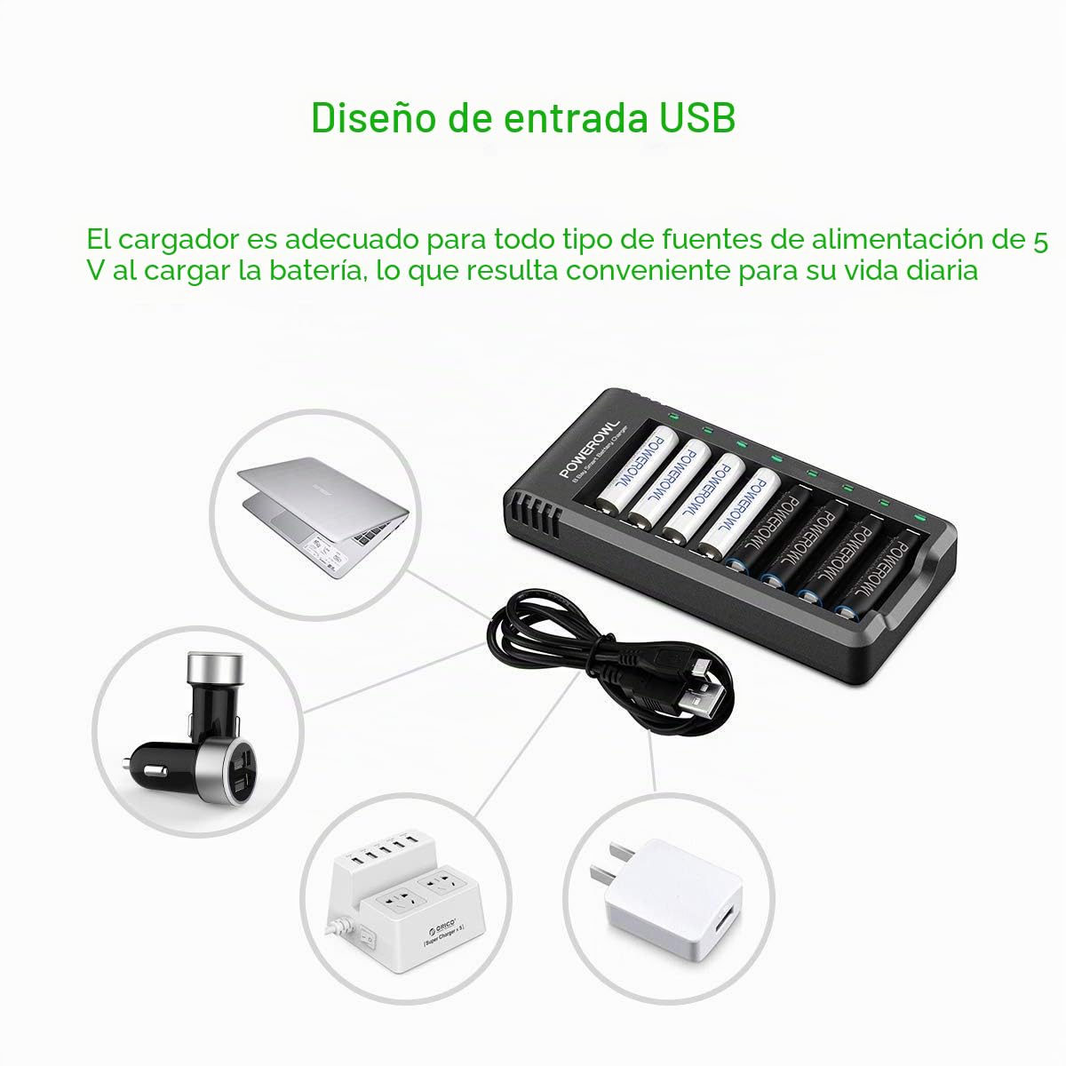 POWEROWL Cargador de Pilas AA, AAA con 8 Unidades de AA 2800mAh Ni-MH Pilas Recargables con Luces LED(Carga rápida USB, Ranura Independiente)