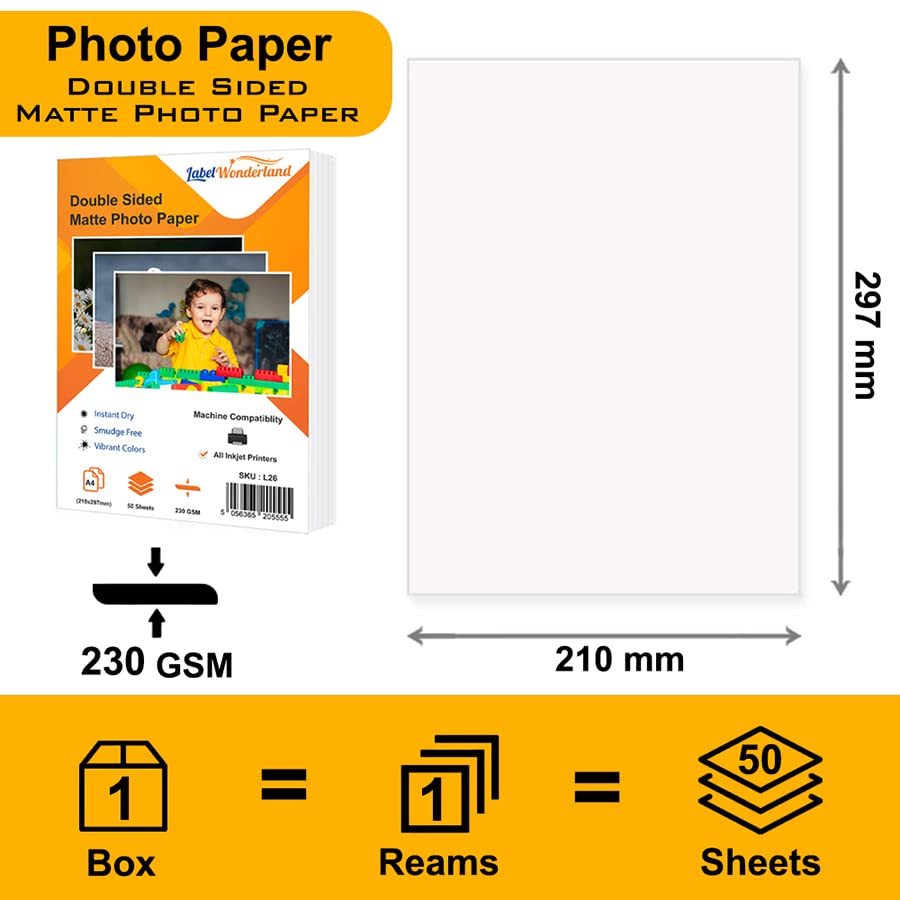 Pack of 50 Matt Photo Paper A4 Double Sided (210 mm x 297 mm) 230 GSM Photo Paper for Printer Epson LabelWonderland - Image 2