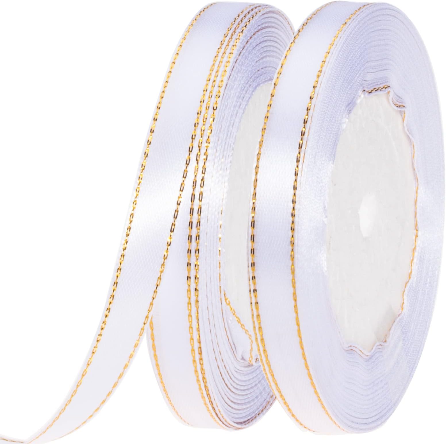 50 Yards 3/8 Inch White Satin Ribbon with Gold Edges, Gold Border Fabric Ribbons for Gift Wrapping and Crafts