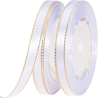 YASEO 50 Yards 3/8 Inch White Satin Ribbon with Gold Edges, Gold Border Fabric Ribbons for Gift Wrapping and Crafts