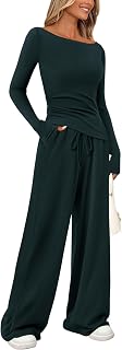 Women's 2 Piece Lounge Sets Asymmetrical Long Sleeve T Shirt Wide Leg Pants Casual Outfits Tracksuit