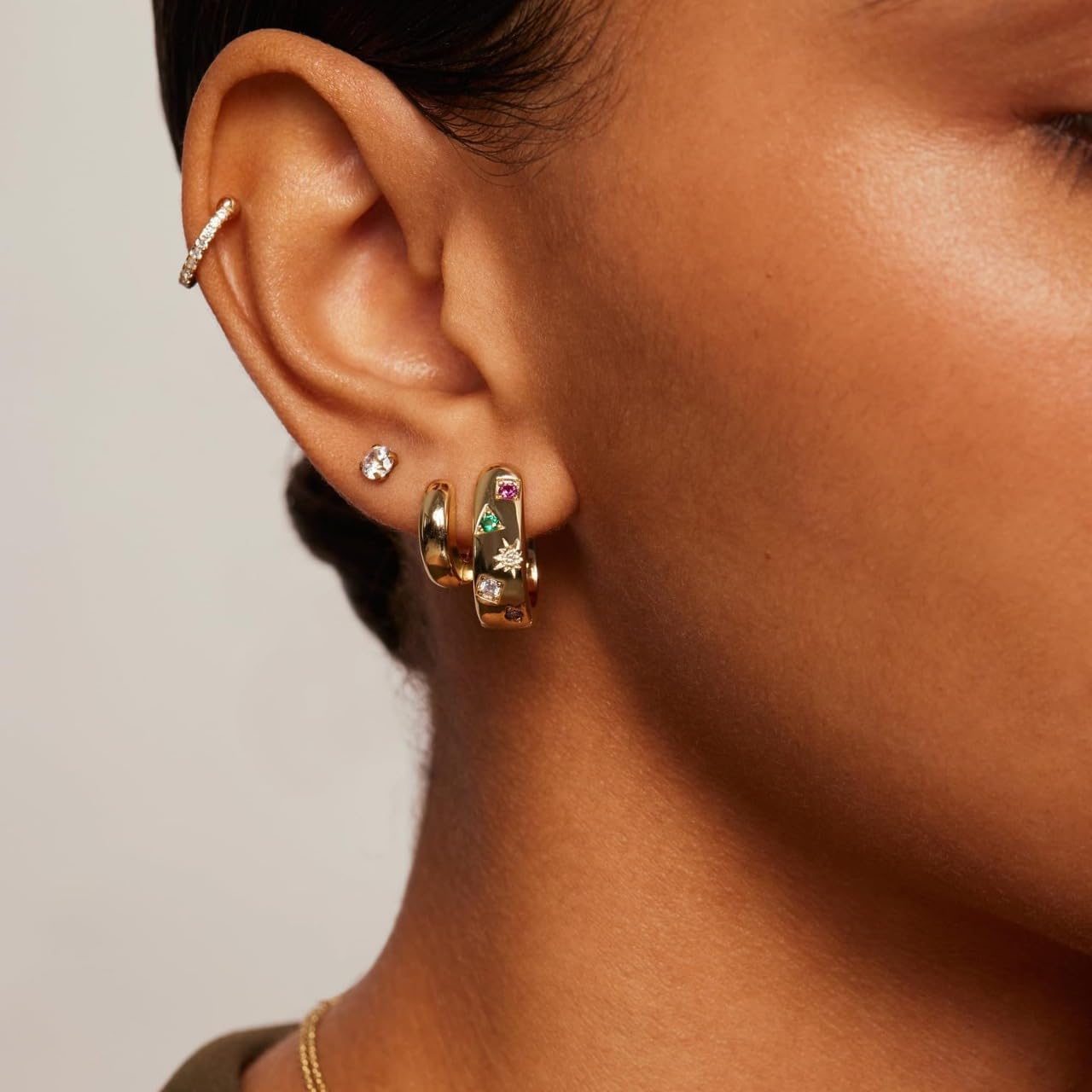 coadipress 14K Gold Plated Chunky Huggie Earrings for Women Thick Colorful Cubic Zirconia Statement Hoop Earrings Unique Multicolored CZ Tiny Round Earrings Trendy Jewelry - Image 5