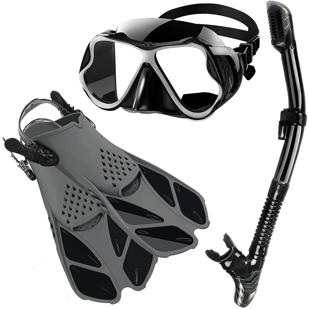 Máscaras de Buceo Profesionales + Tubo de respiración + Aletas, Juego de esnórquel, Gafas de natación antivaho de Silicona para Adultos, máscara de esnórquel,Negro,L/XL