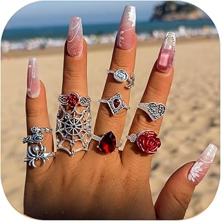 Gothic Knuckle Rings for Women Vintage Silvery Heart Rose Skull Spider Web Stackable Rings for Halloween Trendy Party Jewelry