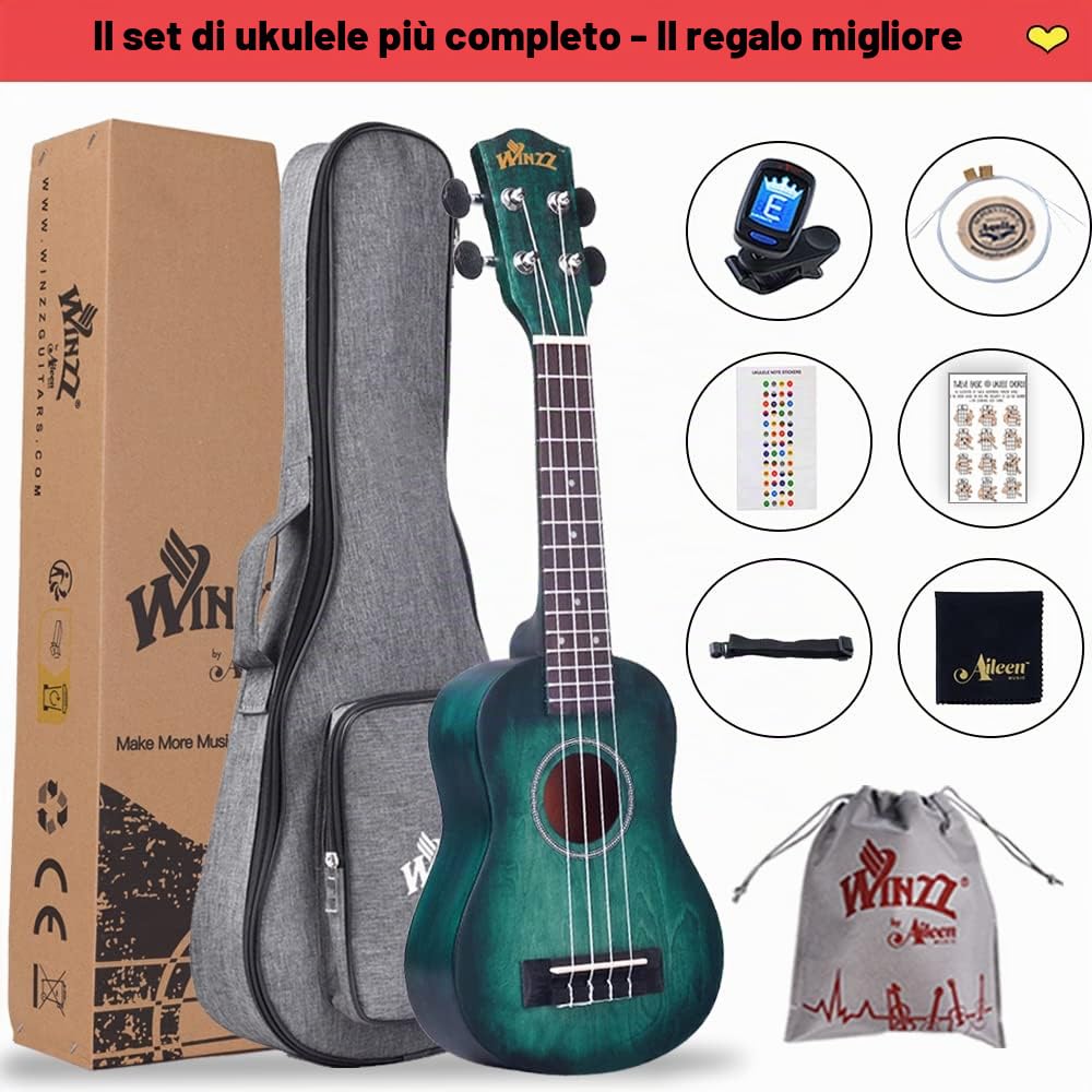 Winzz Ukulele Soprano Principianti Bambini Adulti 21 Pollici, Unico Blu-verde Ukulele Scuola Media Legno Kit 8 Accessori con: Adesivo per Tastiera, Carta degli Accordi