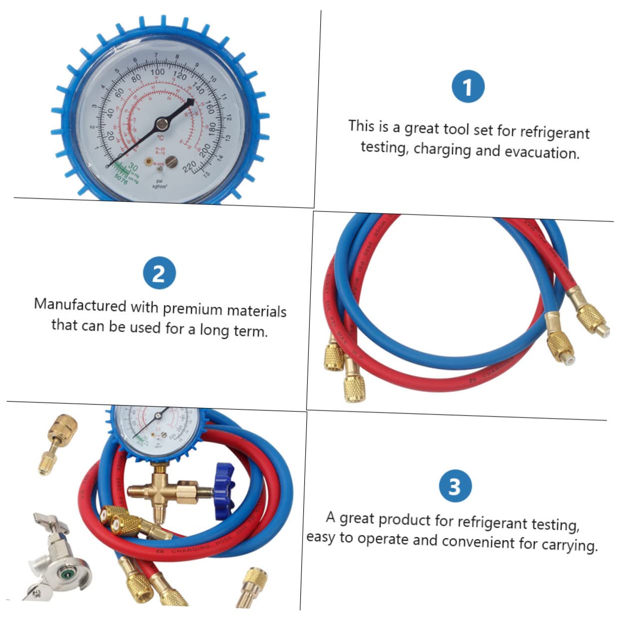 Cabilock Automotive Pressure Gauge Manifold Hose Set for Car Air Conditioning System Charging Hoses Refrigeration Tool