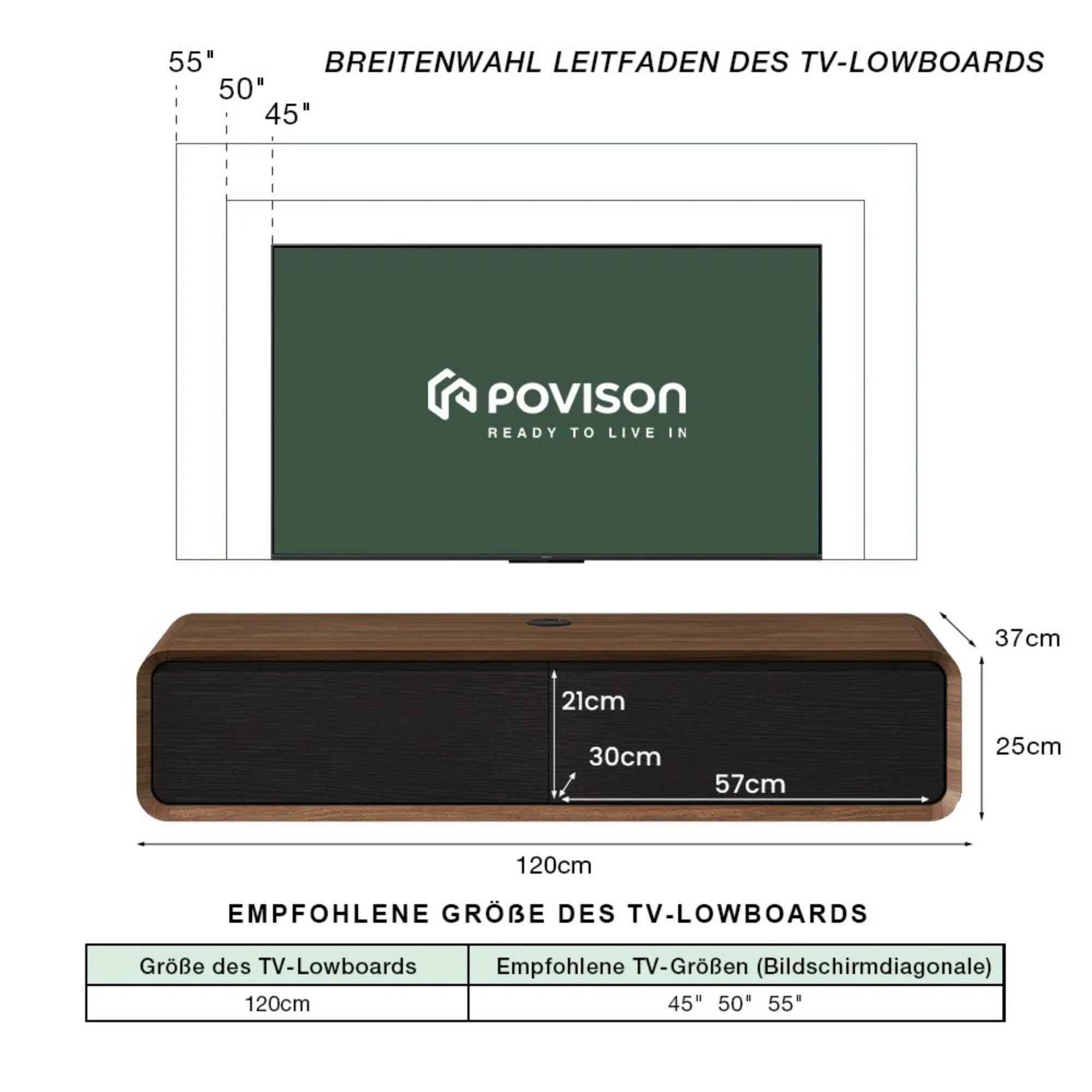 POVISON Mueble de TV flotante de 120 cm, moderno color negro y roble de madera maciza con 2 cajones, mueble para TV con gestión de cables, mueble completo con espacio de almacenamiento para salón