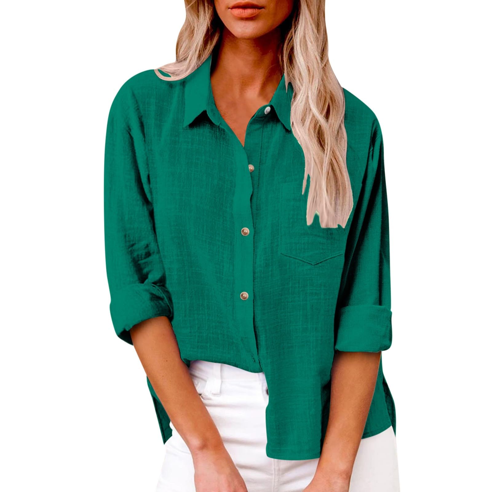 Generisch Blusa para mujer, de manga larga, de lino, elegante, con botones, con bolsillos, informal, cuello de solapa, camiseta de manga larga, básica, monocolor, camisa de lino