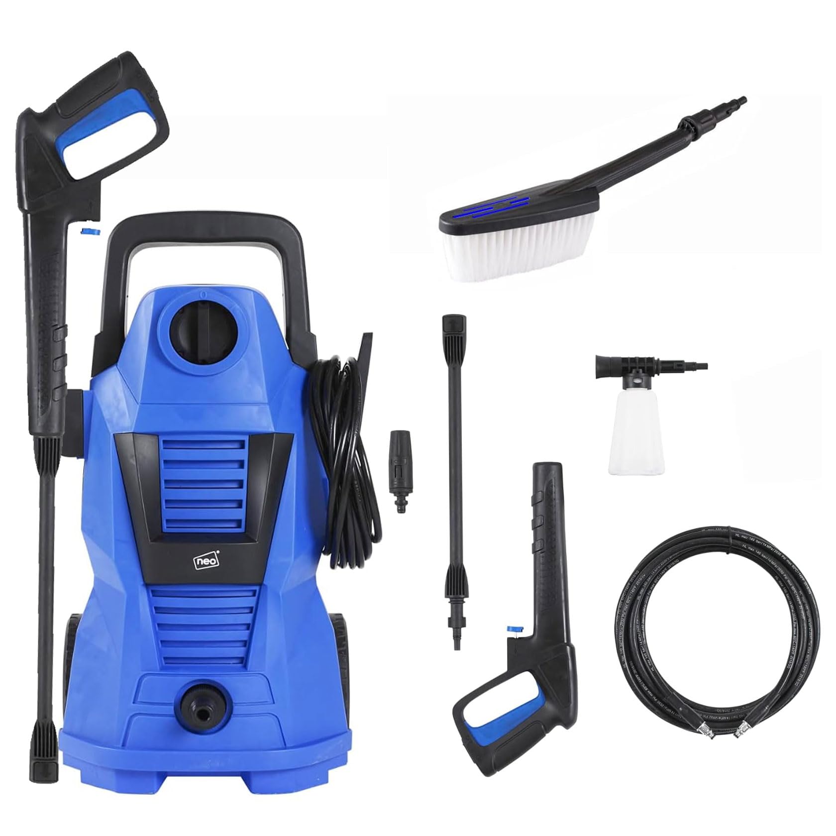 Neo® Electric High Pressure Washer 110 Bar High Power Jet Water Patio Car Cleaner with Foam Tank and Brush Included