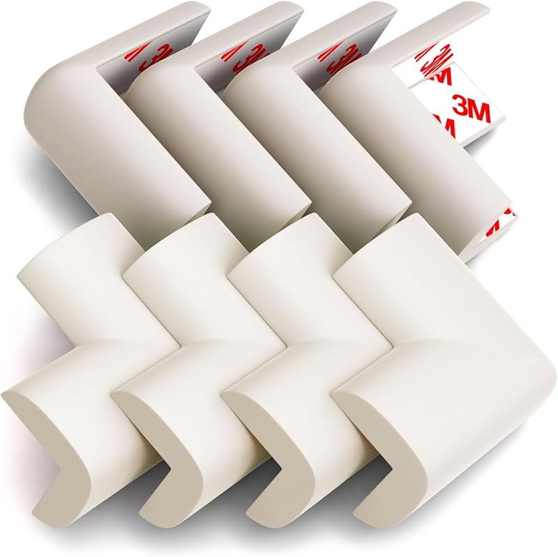 Paquete de 8 protectores de esquinas a prueba de bebés, protectores de esquinas de goma suave para muebles, protectores de esquinas pregrabados adhesivos 3M, seguridad a prueba de niños para chimenea, mesa, gabinete y escaleras, color blanco