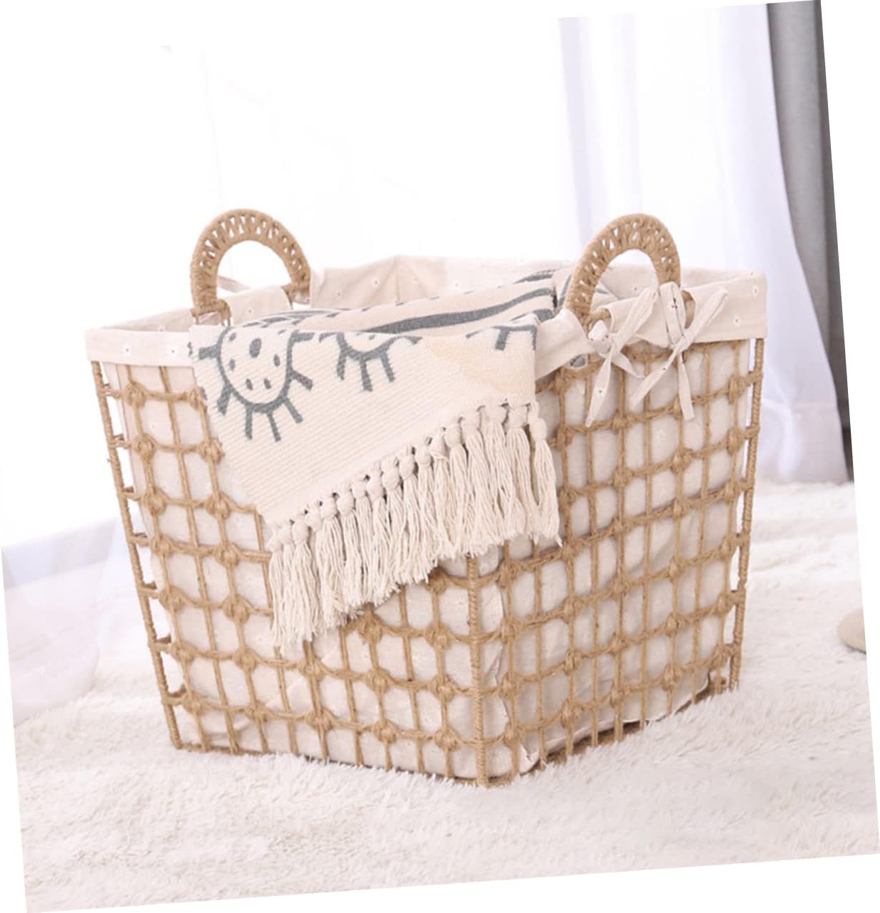 Cabilock Woven Hemp Rope Laundry Basket Dirty Clothes Container Portable Household Storage Bin for Bathroom Bedroom Living Small Square Design
