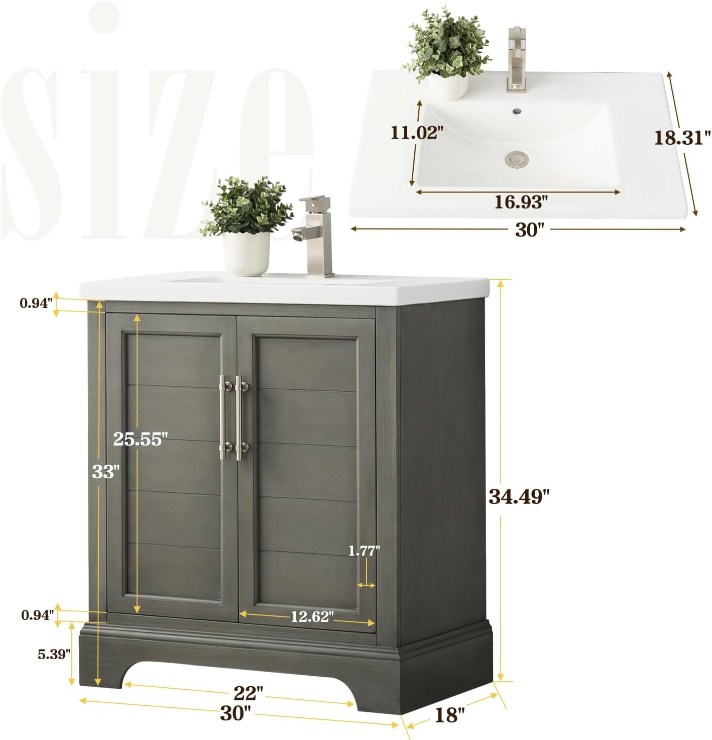 Vanity Art Vannes 30 in. W x 18 in. D x 34.5 in. H Bathroom Vanity in Silver Grey with Ceramic Top VA5030-SG