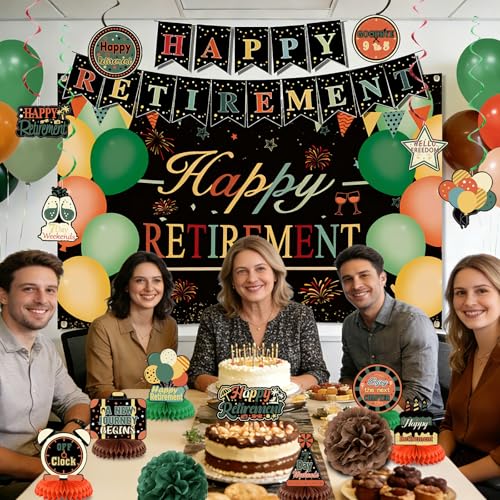 Image of Retirement Party Decorations for Men Women Vintage Happy Retirement Banner Backdrop Balloons Paper Pompoms Honeycomb Centerpiece Cake Topper Hanging Swirl Set