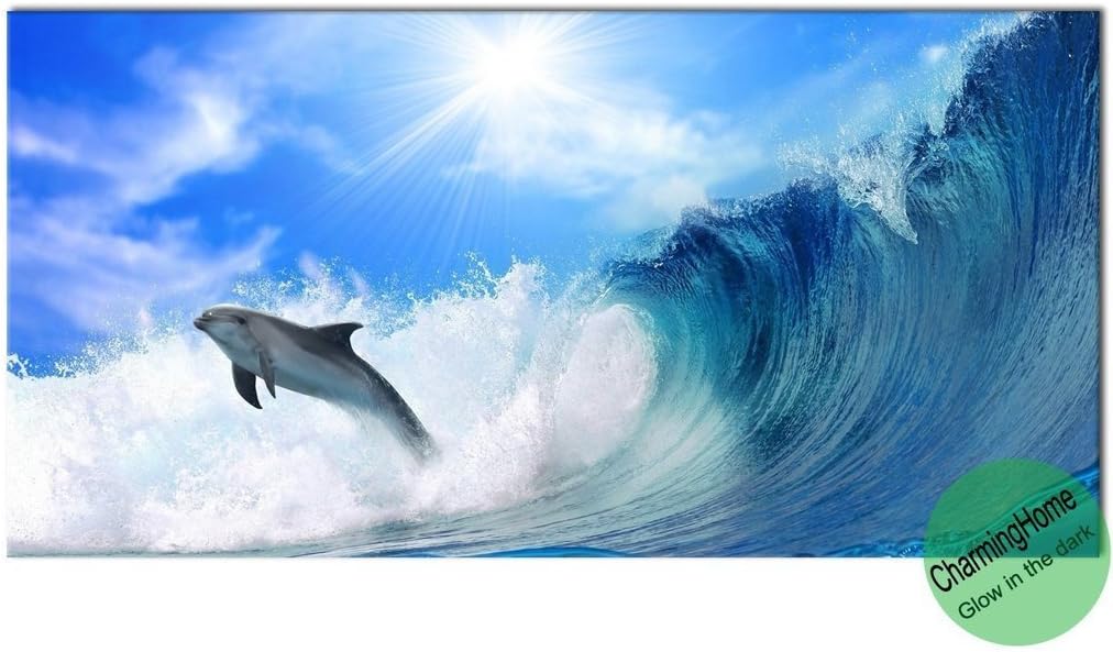 Wall Decoration for Living Room Wall - Glow in the Dark Playful Dolphin Canvas Painting - Blue Ocean Painting by CharmingHome 7.87x15.74Inches / 20x40cm