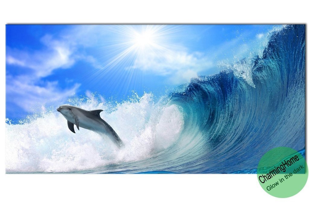 Wall Decoration for Living Room Wall - Glow in the Dark Playful Dolphin Canvas Painting - Blue Ocean Painting by CharmingHome 7.87x15.74Inches / 20x40cm