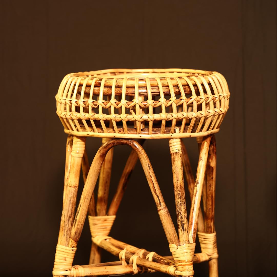 Sunrise Rattan Stool Handcrafted Natural Round Woven Seat | 100% Natural Rattan, Open Weave Design, Unique Spiral Top, Handcrafted-image-11