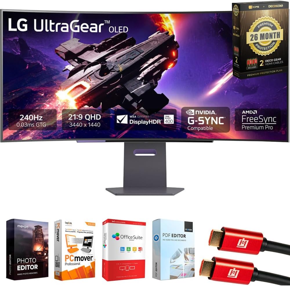 LG 45 inch Ultragear 1440p 240 Hz OLED Curved Gaming Monitor Bundle with Tech Smart USA Elite Suite 18, 2X HDMI Cable & Deco Gear CPS Exclusive 26 Month Protection Pack (BEACH-CPS-26M2000)