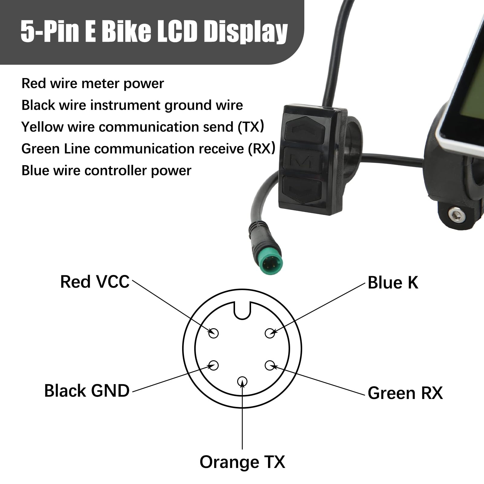 Elektrofahrrad LCD Display, 24V 36V 48V 60V 5-polig Elektrofahrrad-LCD-Messgerät mit Wasserdichter Stecker, E Roller Panel Bildschirm Fahrradzubehör für 31,8 22,2mm Elektro Fahrräder