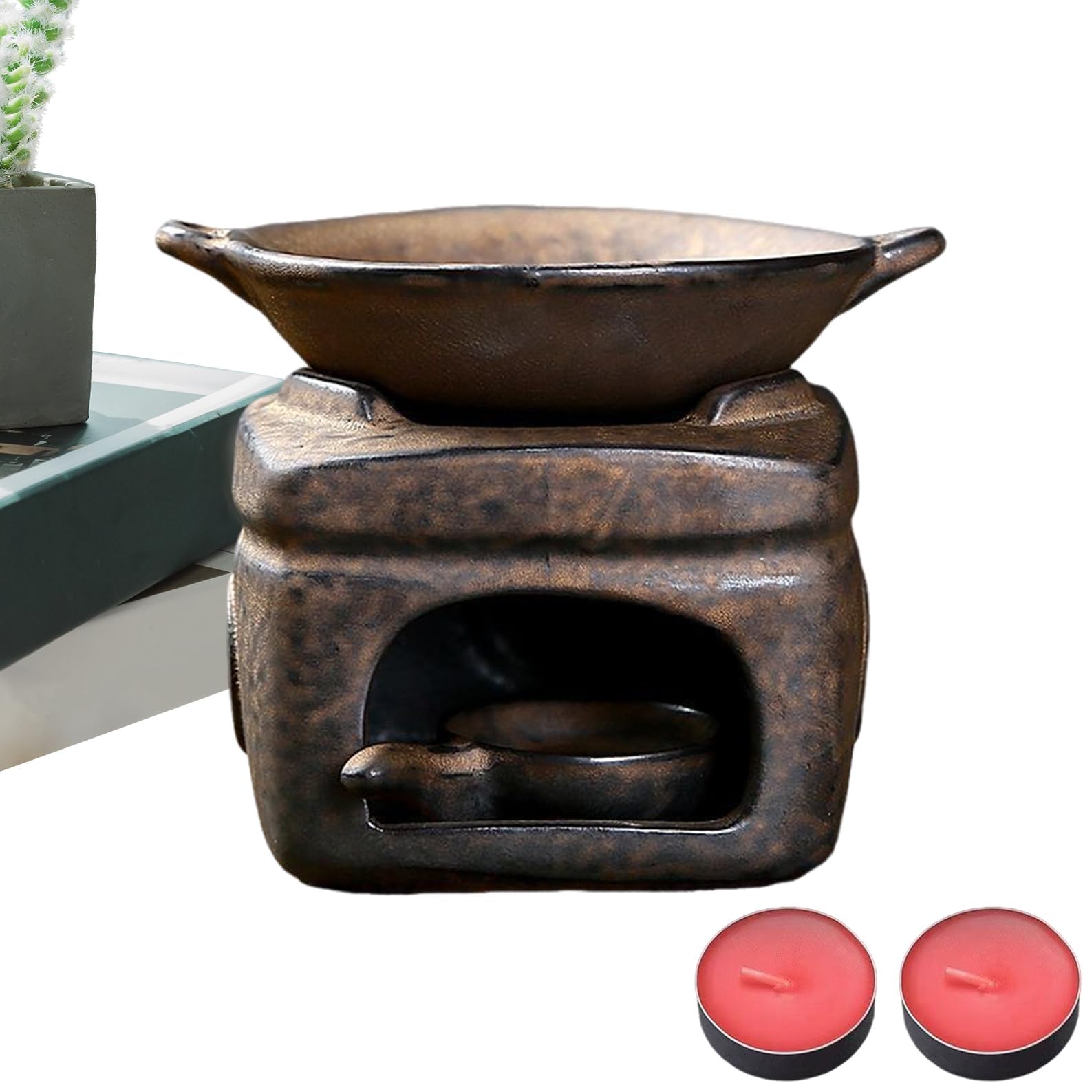 Ceramic Aromatherapy Stove - Multifunctional Ceramic Fragrance Diffuser With 2 Candles,Melts Warmer Wax Burner - for Home Office Desk Bedroom Meditation Relaxation
