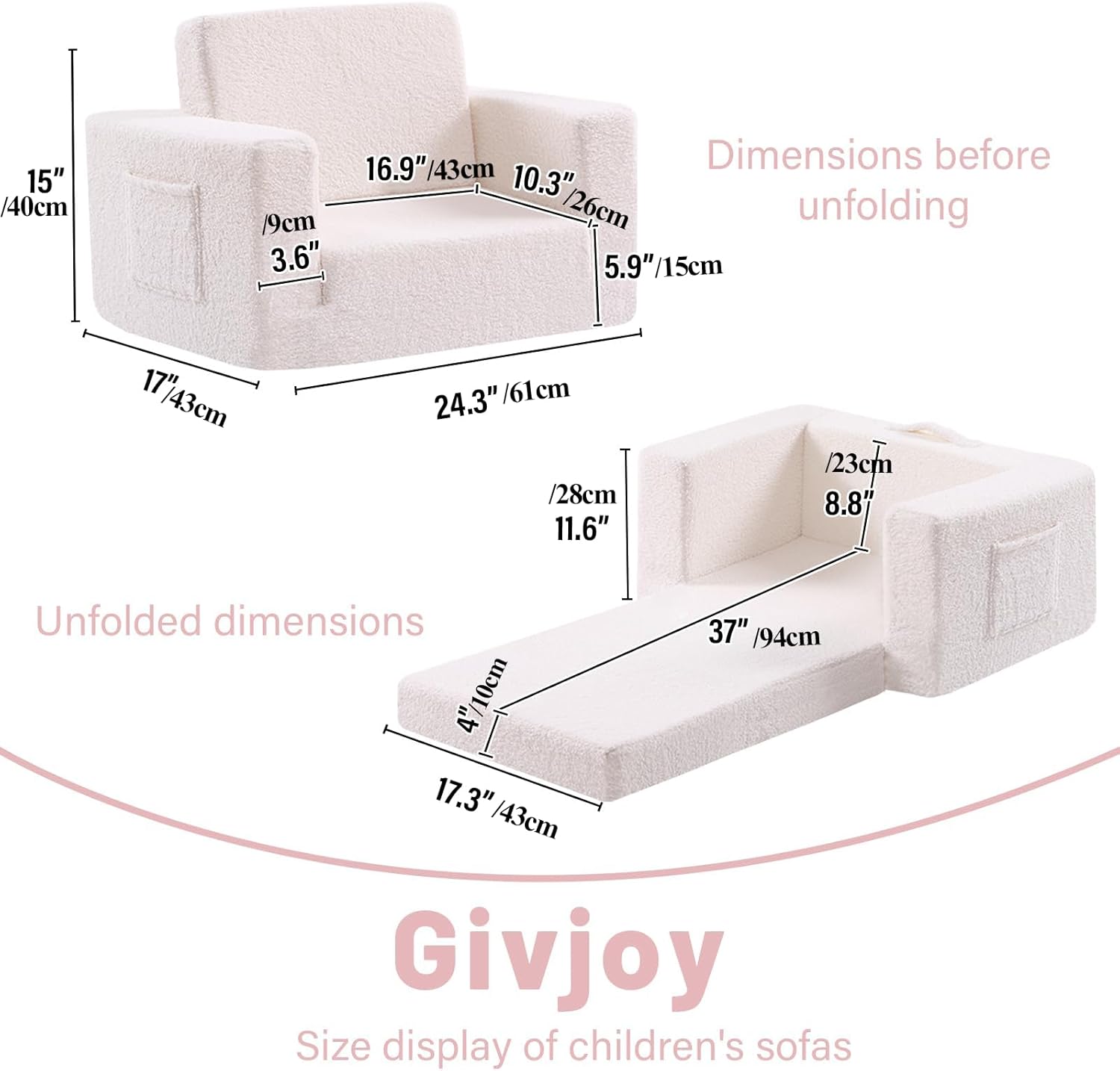 Toddler Chair Sherpa Kids Couch, 2-in-1 Soft Kids Armchair Lounger for Bedroom, Convertible Sofa for Girls and Boys, Child Reading Chair for Playroom, Living Room, Pet, Beige