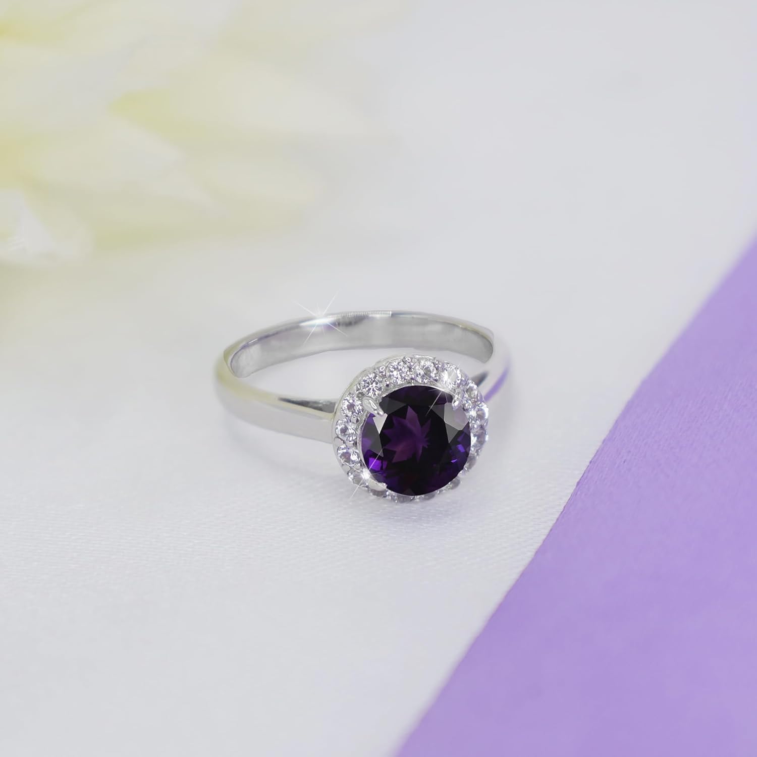 Womens 925 Sterling Silver Classic Solitaire Halo Center 7 mm Round Gemstone Birthstone Fine Jewelry Engagement Wedding Accessory Rings, 1.3 Carat Gemstone - Image 5