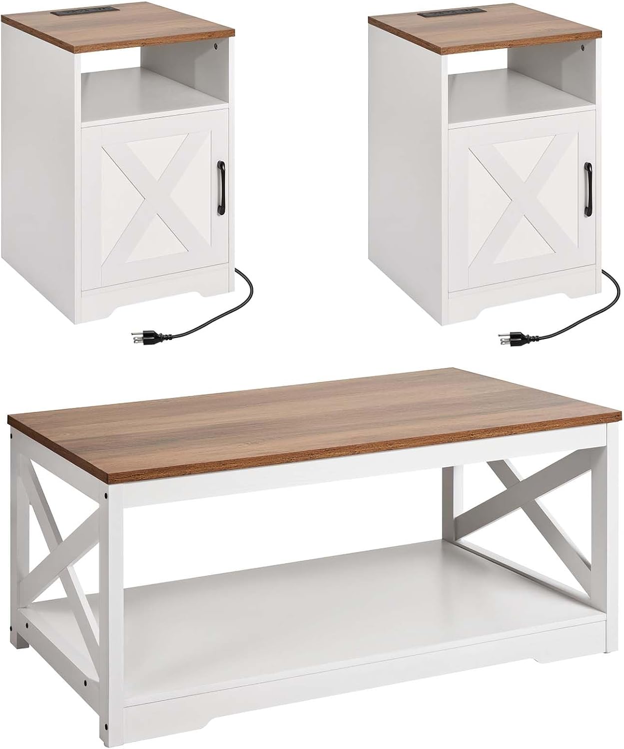 VEVOR 3 Pieces Farmhouse Coffee Table Sets, 40 Inch Industrial Coffee Table with 2 End Tables, Easy Assembly Coffee and Side Tables Sets with Charging Station, for Office, Living Room & Apartment
