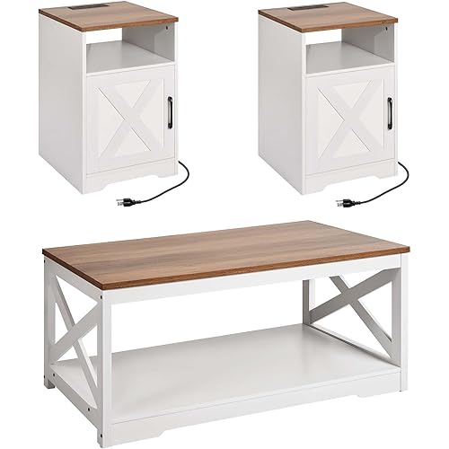 VEVOR 3 Pieces Farmhouse Coffee Table Sets, 40 Inch Industrial Coffee Table with 2 End Tables, Easy Assembly Coffee and Side Tables Sets with Charging Station, for Office, Living Room & Apartment