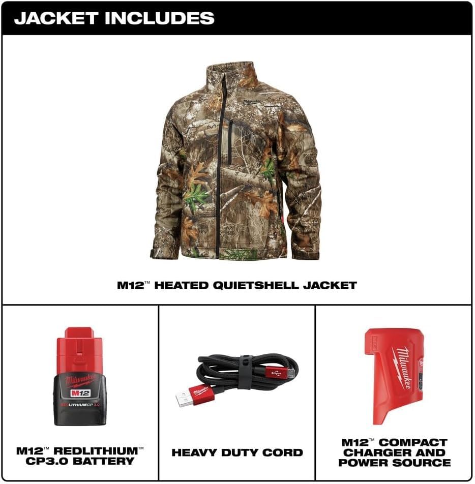 Milwaukee 224C-21XL M12 QUIETSHELL Lithium-Ion Cordless Heated Jacket (3 Ah) - X-Large, Realtree EDGE Camo