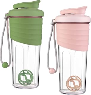 2 cocteleras de proteínas de 700 ml, con bola agitadora de proteínas, sin BPA, a prueba de fugas, duradera, para batidos de proteínas de suero cremoso, para hombres y mujeres (rosa y verde)