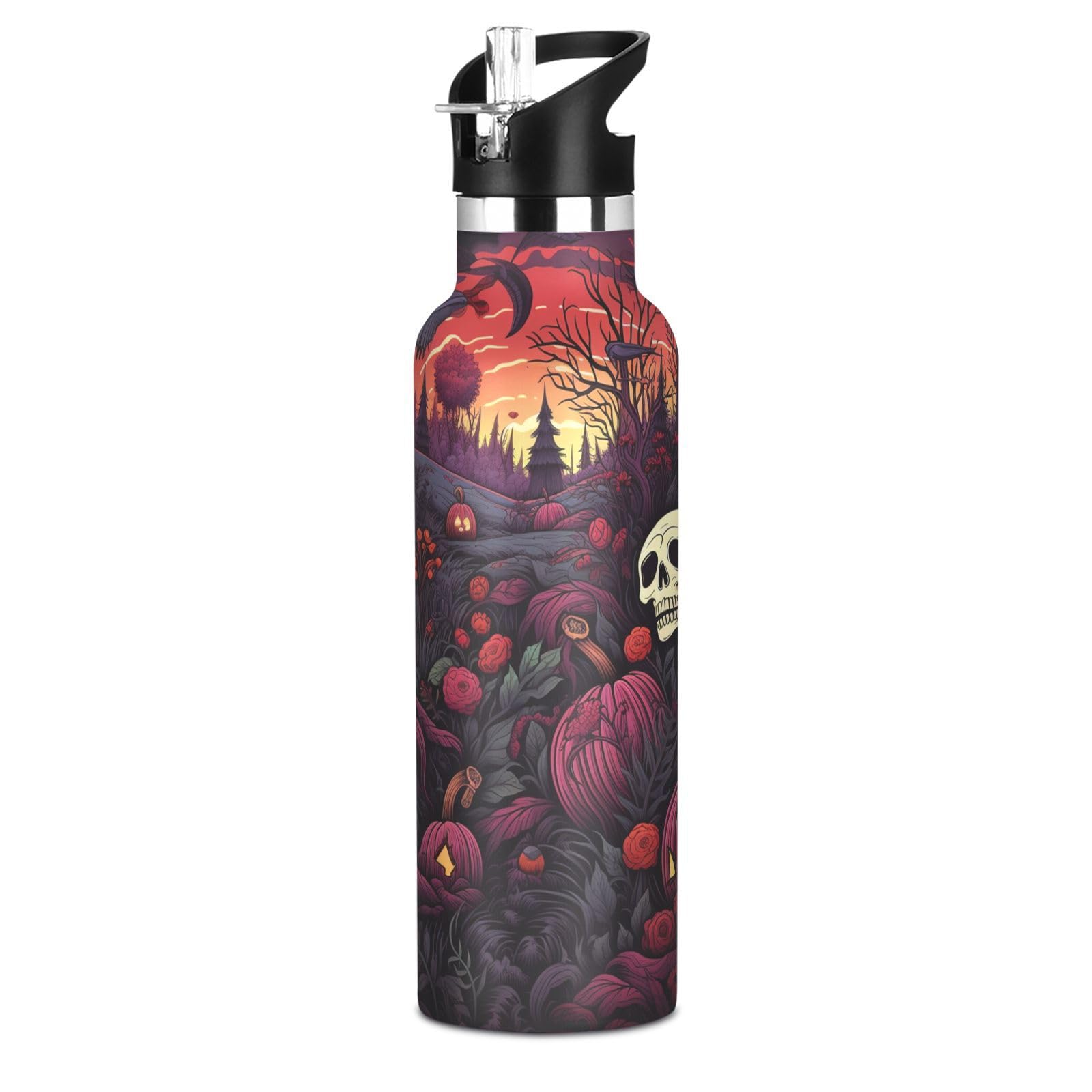 Kaaviyo Boys Pattern Halloween Skull Dark Red Water Bottle Stainless Steel Jug Insulated Vacuum Cup For Girls(600Ml)