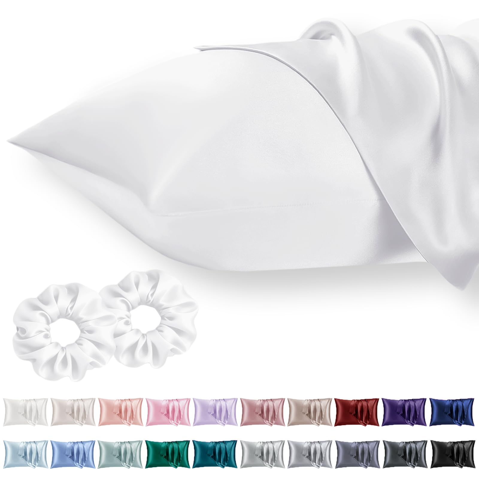 Vielit Standard Satin Pillowcase for Hair 2pc,Similar to Silk Pillow Cases,Easier Care Than Silk Pillowcase,Gifts for Women Men,White,20x26 & Envelope Closure and 2 Satin Scrunchies — image 1