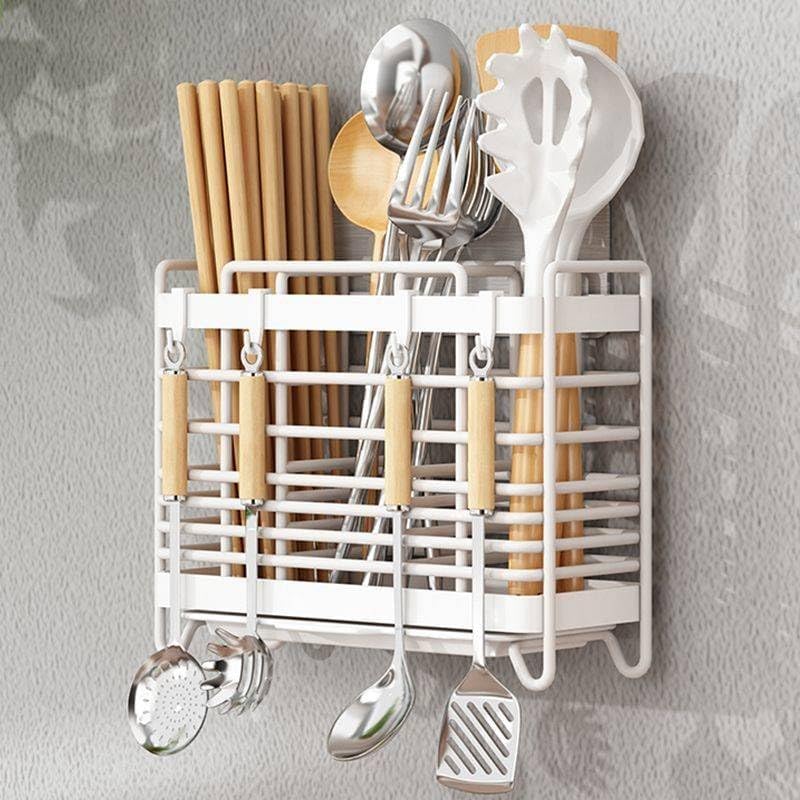 調理器具キャディ 金属中空キッチン用品ホルダー、3つのコンパートメント、壁掛け/カウンタートップ食器乾燥ラック、排水トレイとフック付