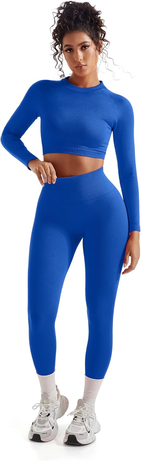 SUUKSESS Women 2 Piece Workout Sets Hidden Scrunch Hip Lifting Seamless Leggings Long Sleeve Yoga Crop Tops - Image 7