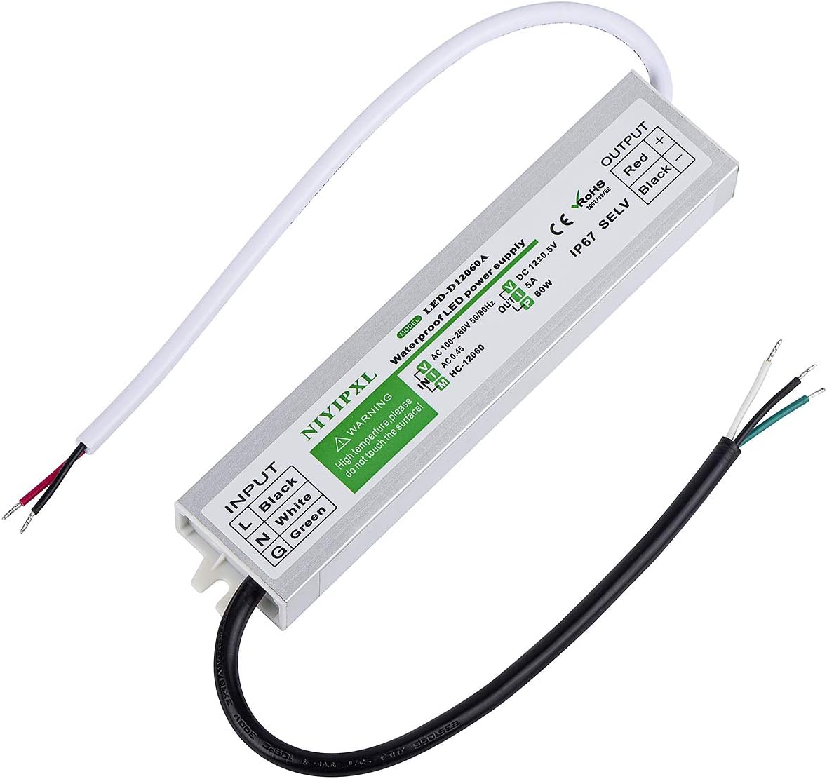 LED Driver 60 Watts Waterproof IP67 Power Supply Transformer Adapter 100V-260V AC to 12V DC Low Voltage Output for LED Light, Computer Project, Outdoor Light and Any 12V DC led Lights