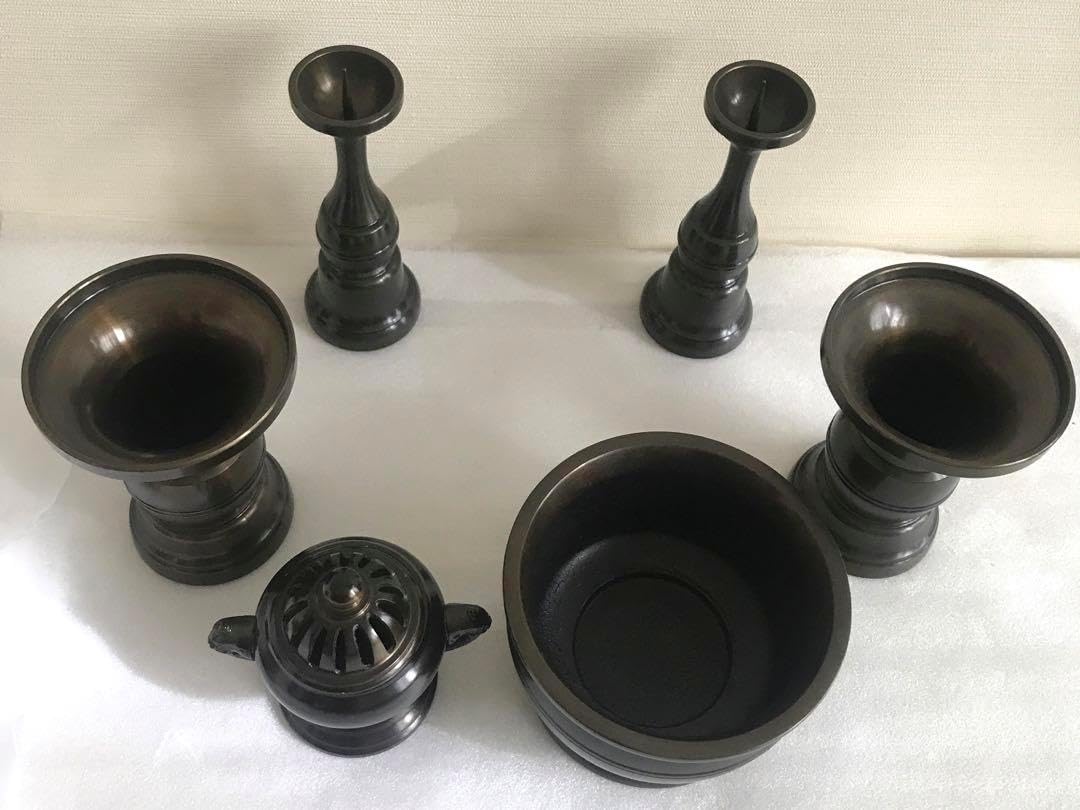 日本製 真鍮製 六具足 4寸 仏具セット 玉香炉 前香炉 花立 火立 香炉