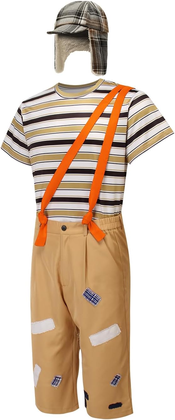 Adults Chavo Costume Stripe T-Shirt Pants Suspenders with Hat Sets Cosplay Uniform Outfits - Image 3