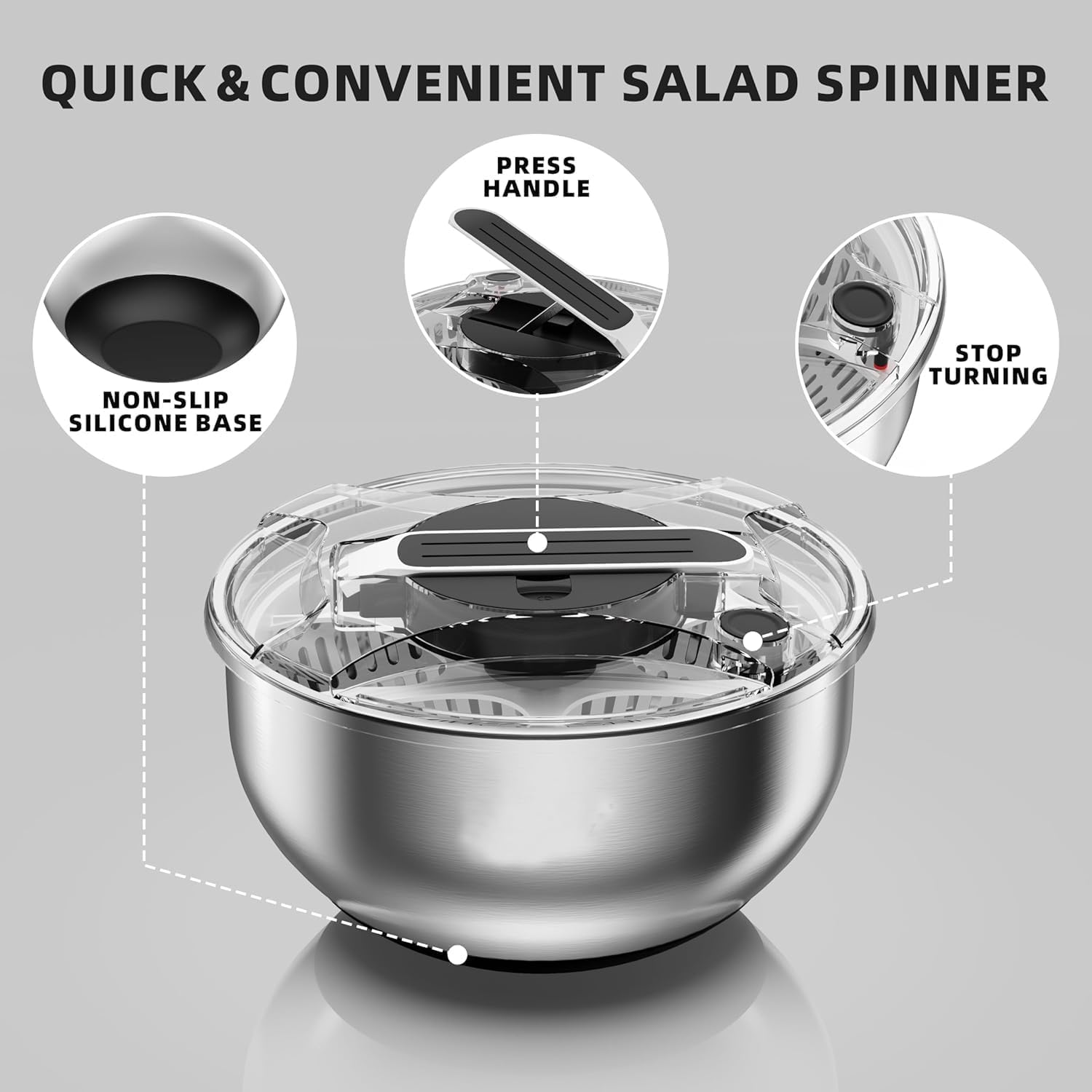 Centrifugadora Lechuga 4,5L de Acero Inoxidable Grande, Centrifugador de ensalada grande,Base Antideslizante, Escurridor Lechuga Centrifuga con Tapa, para Lavar y Escurrir Las Ensaladas