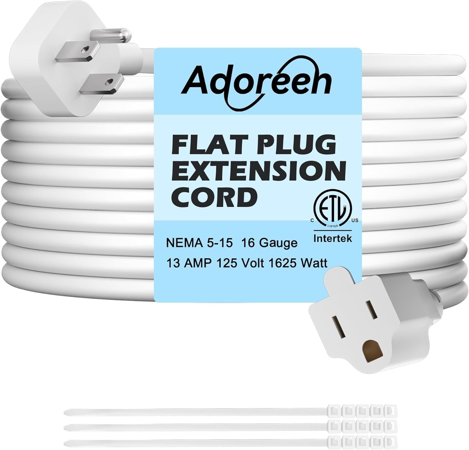 Adoreen Power Extension Cord 4 Ft White, Seamless One-Piece Molded Plug 3 Prong 16 AWG Grounded Wire Electric Cable for Home Office Appliances, 16 Gauge 13A 125V 1625W, SVT, ETL with Ties