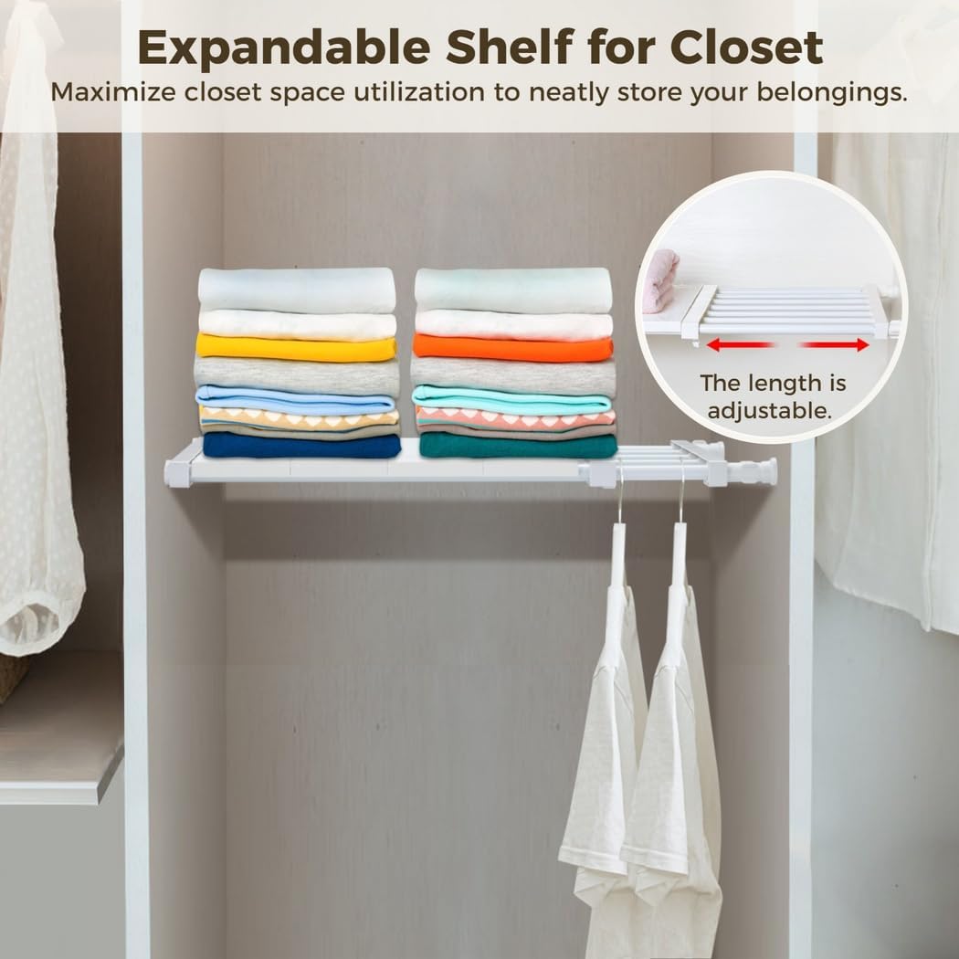 Retractable Shelf Organizer for Closet, Adjustable Cupboard Storage with Tension Rod, Divider for Bedroom, Kitchen, Bathroom, and Wardrobe
