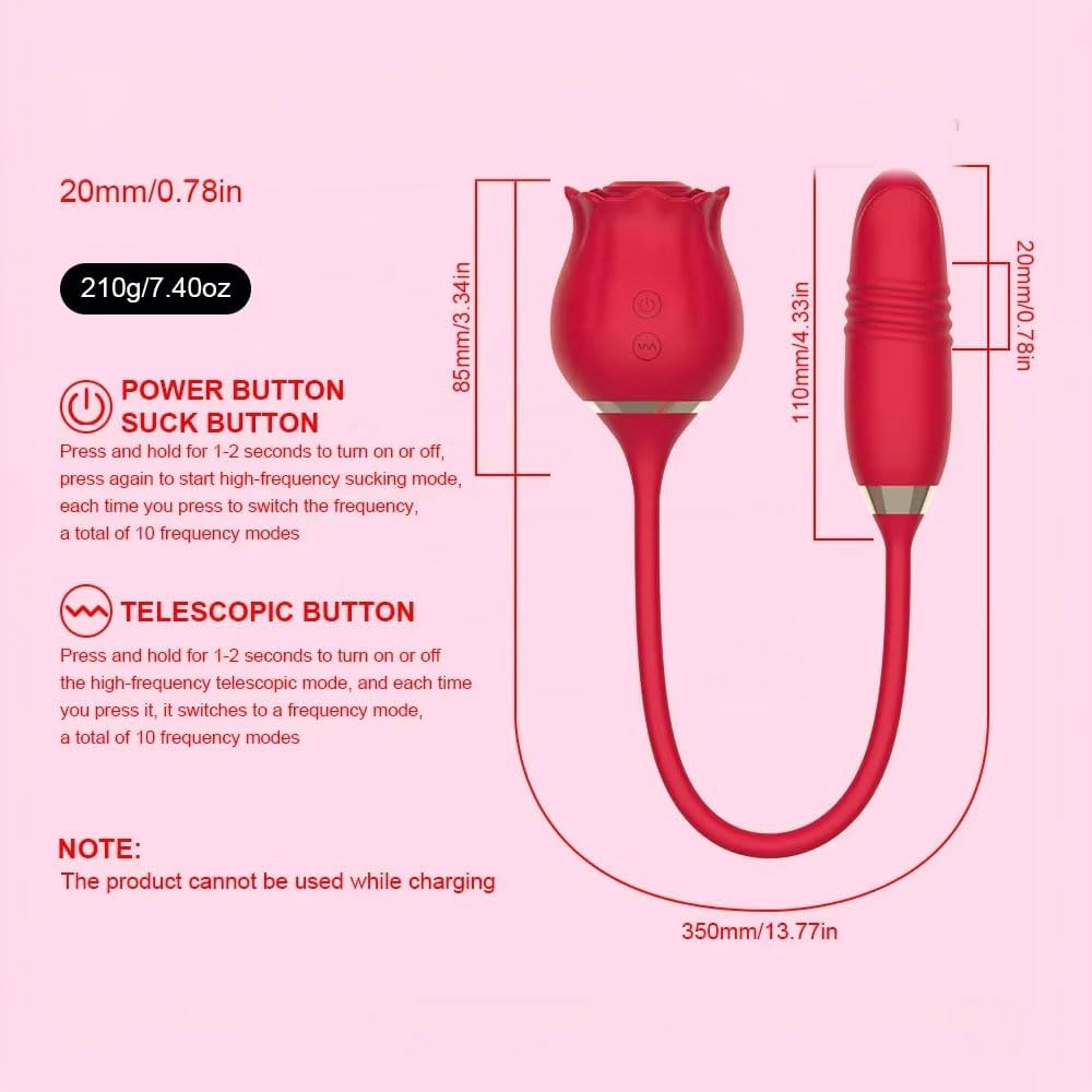 Rose Vibrator for Women, Dual-Ended Dildo with Thrusting G-Spot Vibrations & 10 Suction Modes for Clitoral, & Nipple Stimulation. Sex Toy Solo Play or Couples. Includes Glide Bottle $8 Value.