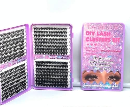 FAVORBEAUTY DIY Lash Clusters Kit, 32 Rows Eyelash Extension | 100% Handmade, Reusable Thin Band, Soft and Lightweight, Easy to Apply, 30D+40D+50D+60D