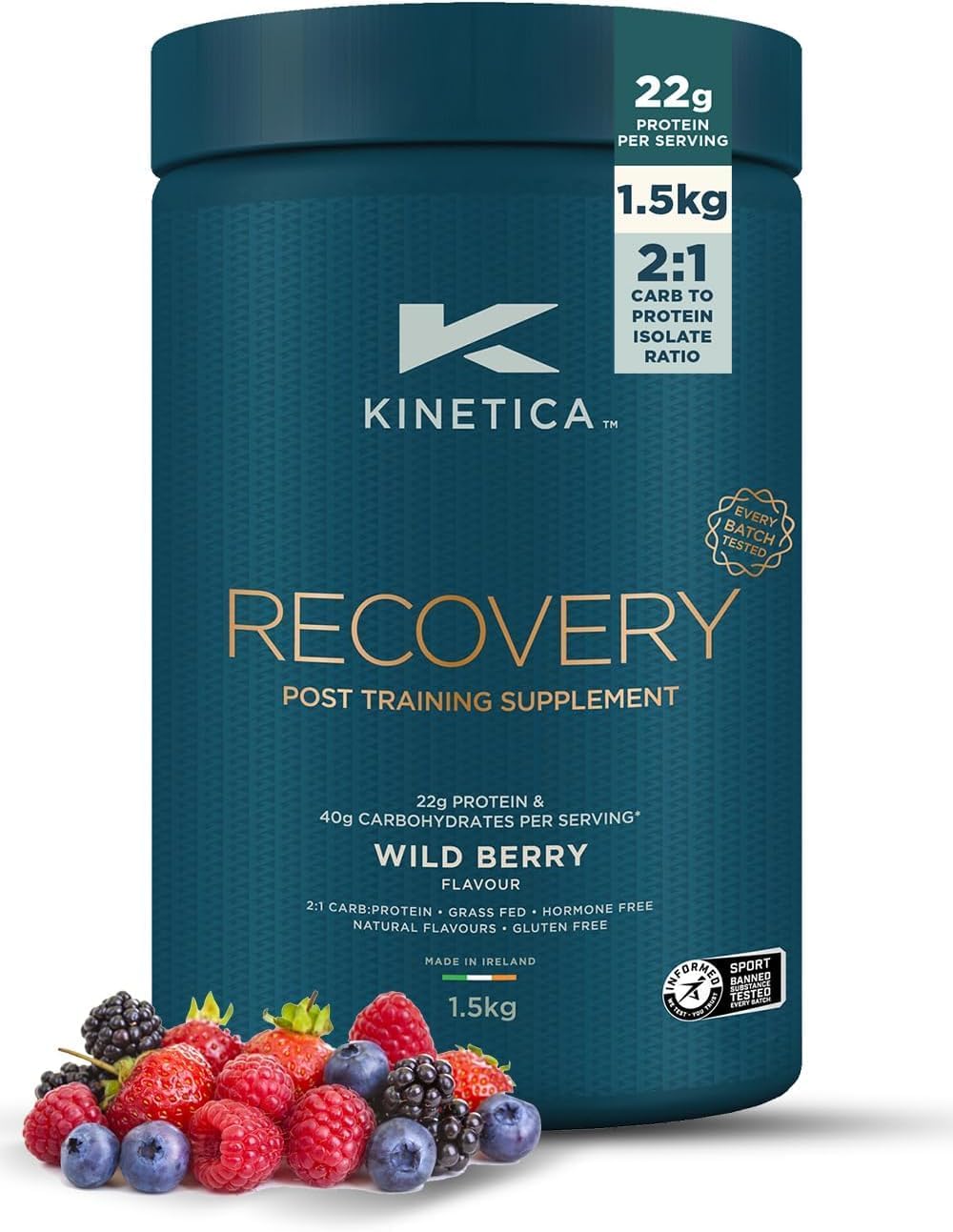 – Kinetica Sports Recovery Powder - Wild Berry Flavour | 20 Servings/1.5kg | 2:1 Carbohydrates to Protein Isolate Ratio | Gluten-Free Post Workout Drink | Muscle Repair & Energy Store Replenisher