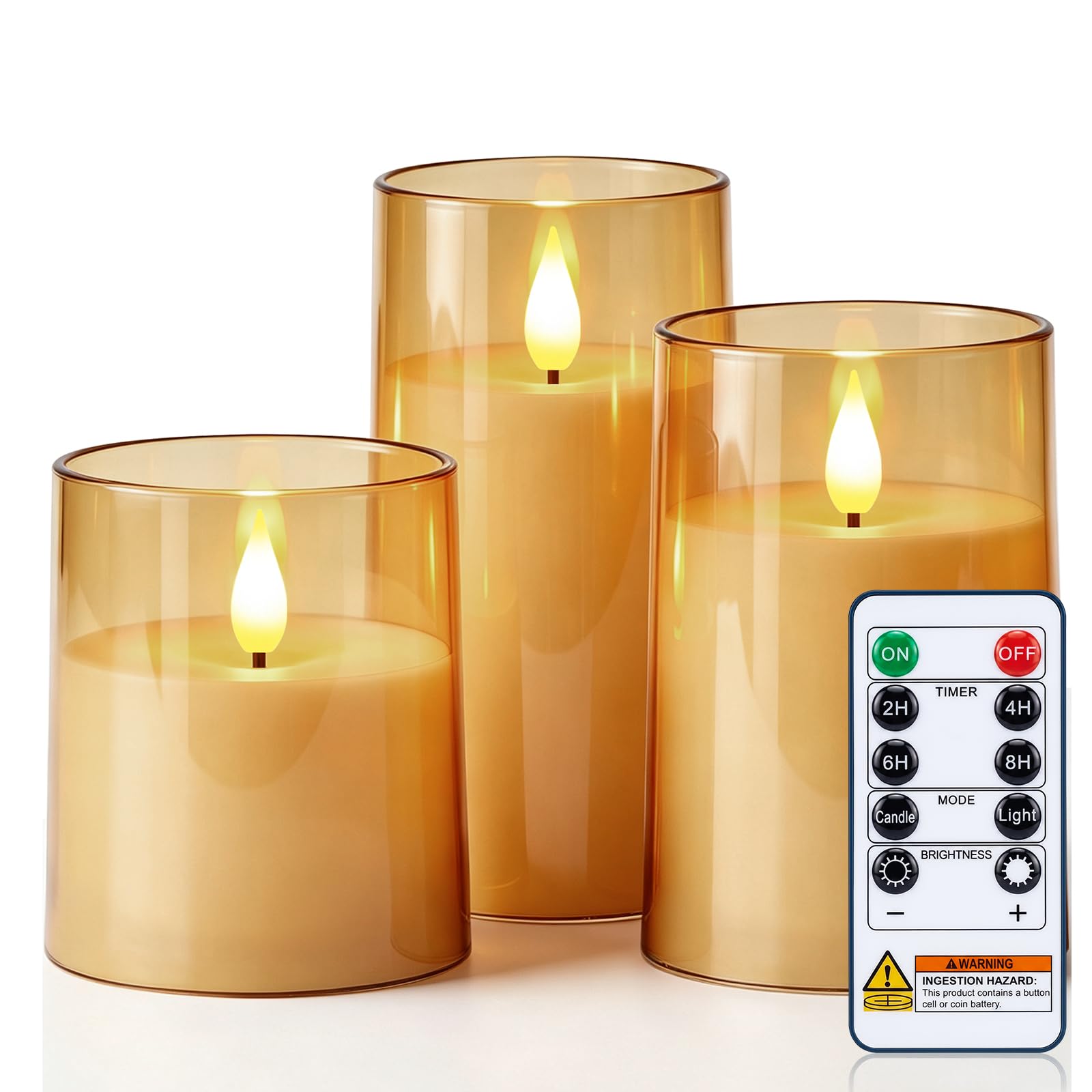 AMAGIC Flameless Candles with Transparent Acrylic Shell, Gold, Set of 3